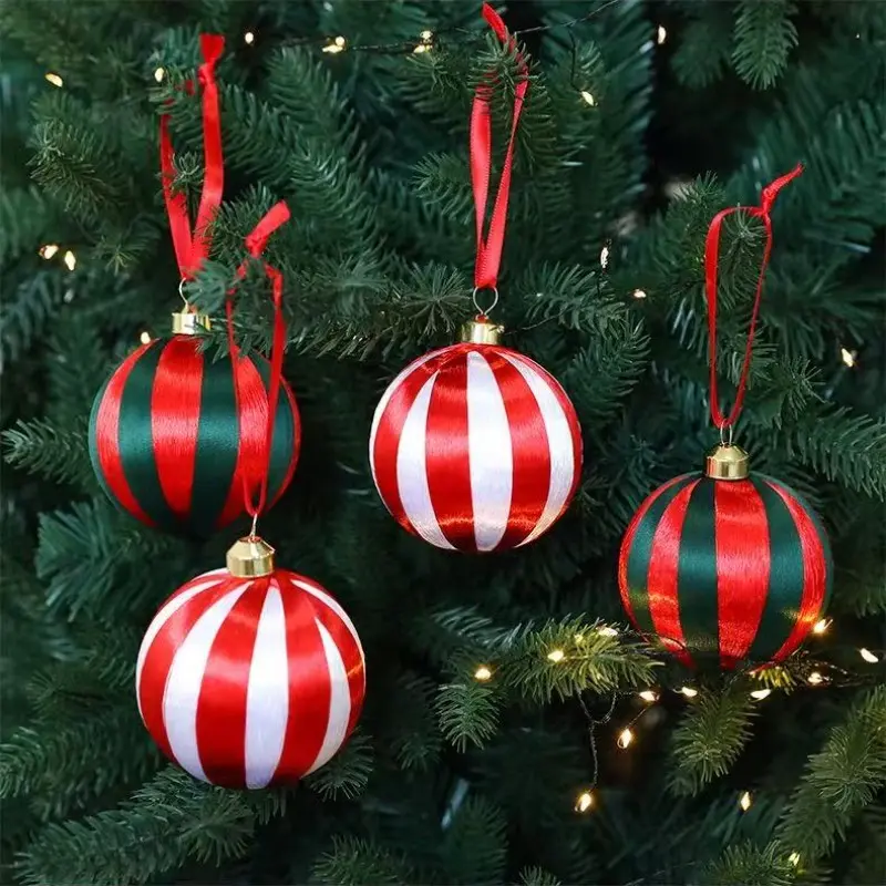 Christmas Ornaments Set 6 Pack, Ribbon Wrapped Striped Christmas Ball Hanging Decorations, Candy Cane Red & White / Red & Green Xmas Tree Baubles for Holiday Home Decor, Christmas Gift for Women & Decor Lovers