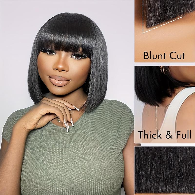 Wholesale Fashionable 10 Inch Short Bob Human Hair Wig with Straight Bangs, Natural Black Color, Density Rose Net Cap for Women, Shoulder-Length Sleek Bob Hairstyle, Middle Part with Neatly Trimmed Ends, Versatile Styling Options, Suitfor All Ethni