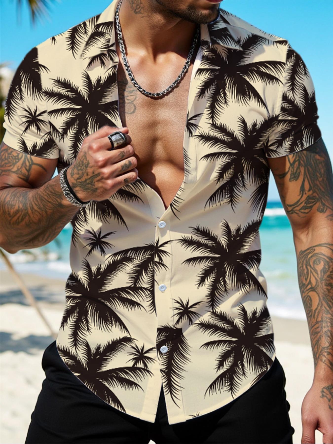 Men's All Over Tropical Palm Tree Print Button Front Shirt, Regular Fit Casual Printed Short Sleeve Collared Top for Summer, Men's Clothes for Beach Vacation