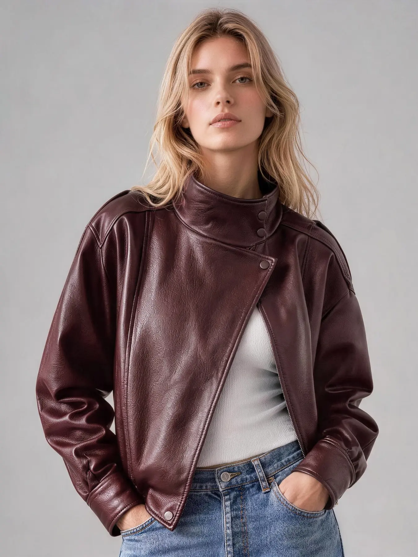 Women's Stand Collar Zip & Button PU Biker Jacket, Faux Leather Bomber Jacket for Fall & Winter, Durable Windproof Lined Outerwear with Side Pockets #TikTokMadeMeBuyIt #StreetStyle #Windbreaker