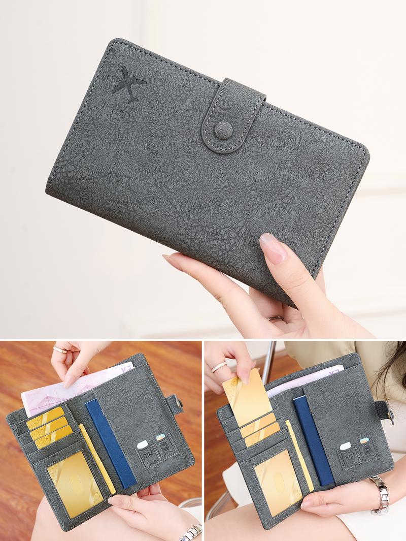 Anti-Theft Travel Passport Holder Wallet, Travel Document Holder, Airplane Design, Snap Closure, Multiple Card Slots & Coin Pocket, Durable Polyester Material