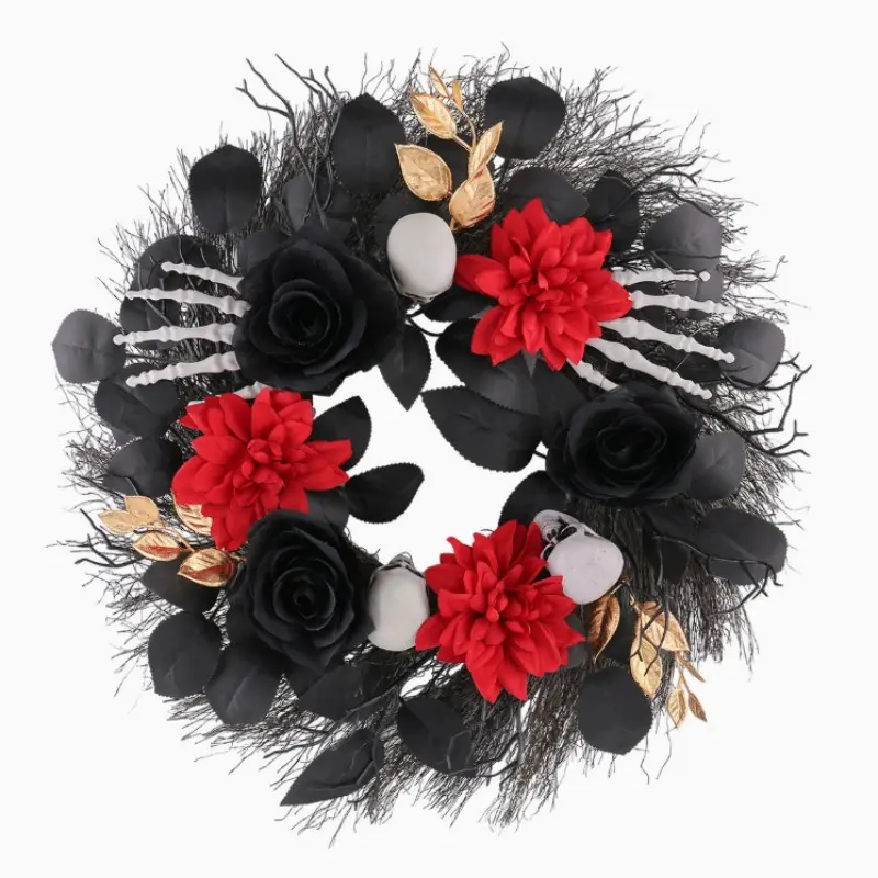45cm Halloween Artificial Skull Wreath Decoration, Dry Branch Rose Realistic Wreath Vine Ring, Ghost Festival Atmosphere Hanging Ornament, Skull Horror Party Setup