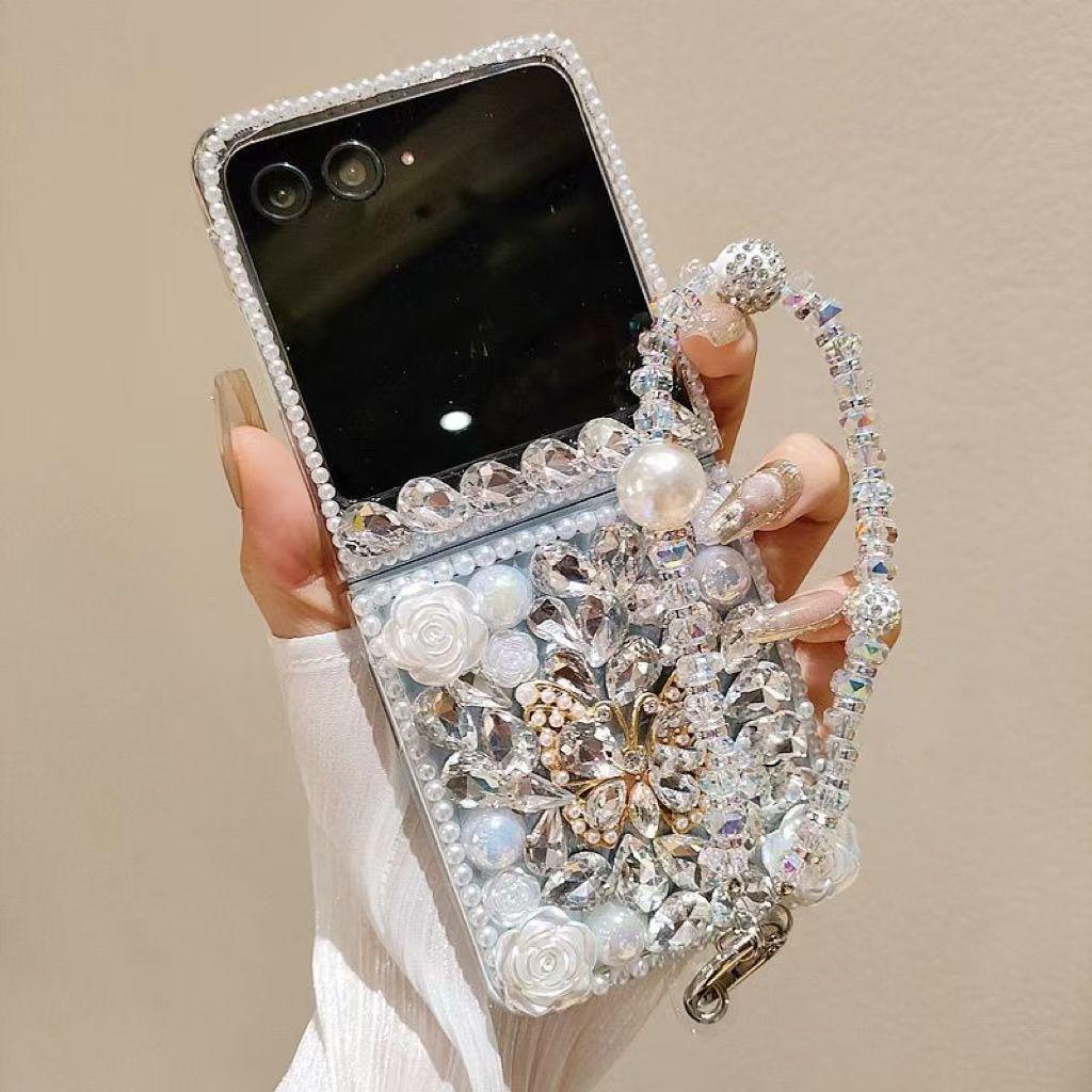 Luxury Crystal Pearl Elegant Butterfly Diamond Gems Strap Phone Case Cover For Samsung Galaxy Z FLIP 7 3 4 5 6 F7220 Flip6 Luxury Crystal Pearl Elegant Butterfly Diamond Gems Strap Phone Case Cover For Samsung Galaxy Z FLIP 7 3 4 5 6 F7220 Flip6