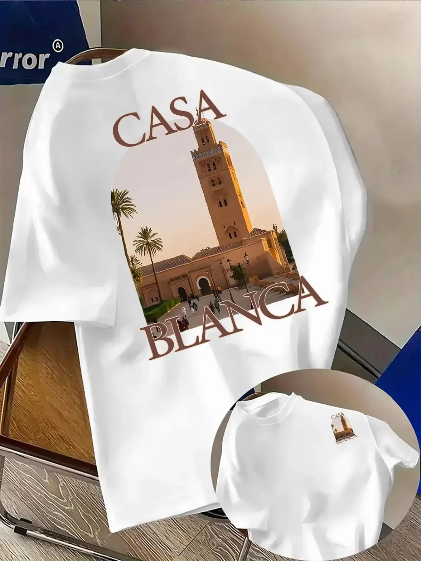 Men's Moroccan City Architecture Tropical Beach Print T-Shirt, Casablanca Font, Casual Loose-Fit Long Sleeve Top, All Seasons Wear