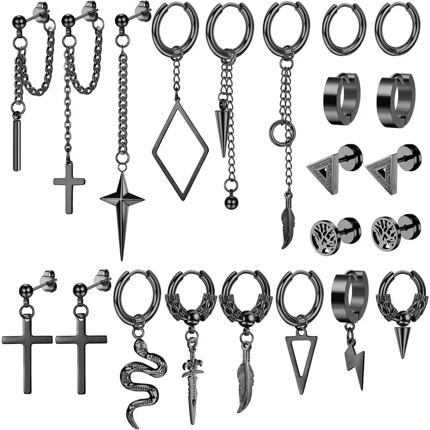 Earl Men's Swinging Earrings Stainless Steel Hinged Earrings Punk Long Chain Earrings Snake Feather Sword Swinging Men's Daily Earrings