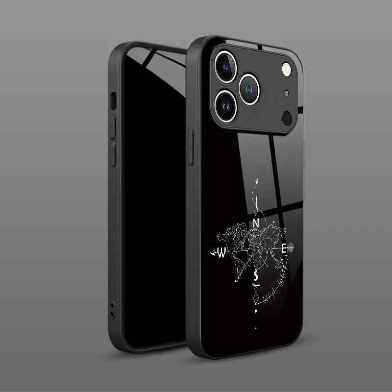 1PC Minimalist Geometric Compass Airplane Design High-Definition Glass Phone Case for iPhone 17/17 Pro/17 Pro Max/17 Air/16/16 Pro/16 Pro Max/16 Plus; Stylish Protective Case; Premium Luxury Black Glass Case; Unisex Design Perfect as a Gift. tiktokshopbac