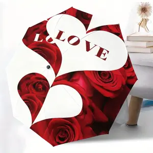 Rose Heart Love Pattern Automatic Folding Umbrella, Lightweight Compact Travel Umbrella, 8-Rib Strong Frame, Unisex, Portable Outdoor Accessory