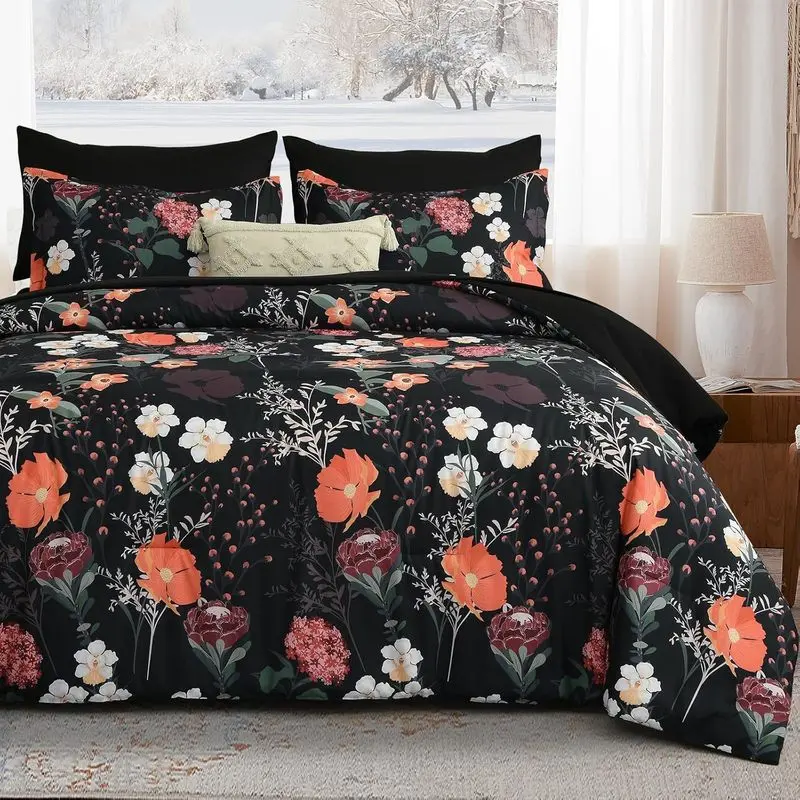 Queen Bed in a Bag 7 Piece Black Red Floral Comforter Set Soft Microfiber Farmhouse Bedding