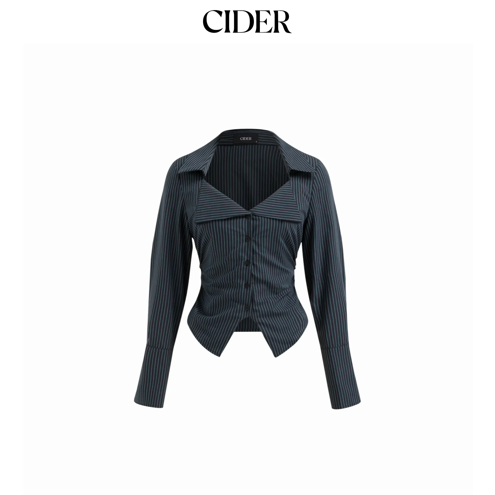 Cider Stripe Collar Long Sleeve Ruched Asymmetrical Hem Belted Shirt SummerFinds