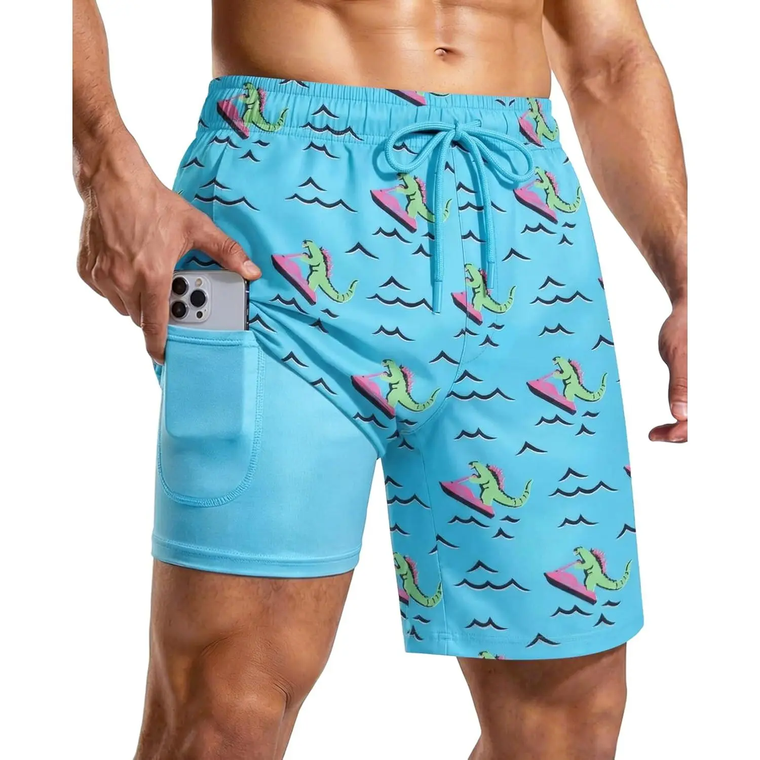 Mens 7 Inch Swim Trunks with Compression Liner and Zipped Pocket Quick Dry Board Shorts Bathing Suit for Beach