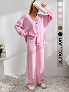 women's solid button front drop shoulder v neck cardigan & elastic waist wide leg pants two-piece set, casual fashion basic cozy knitwear set for daily outdoor wear, winter set, clothes women, matching sets for women, pastel matching clothes