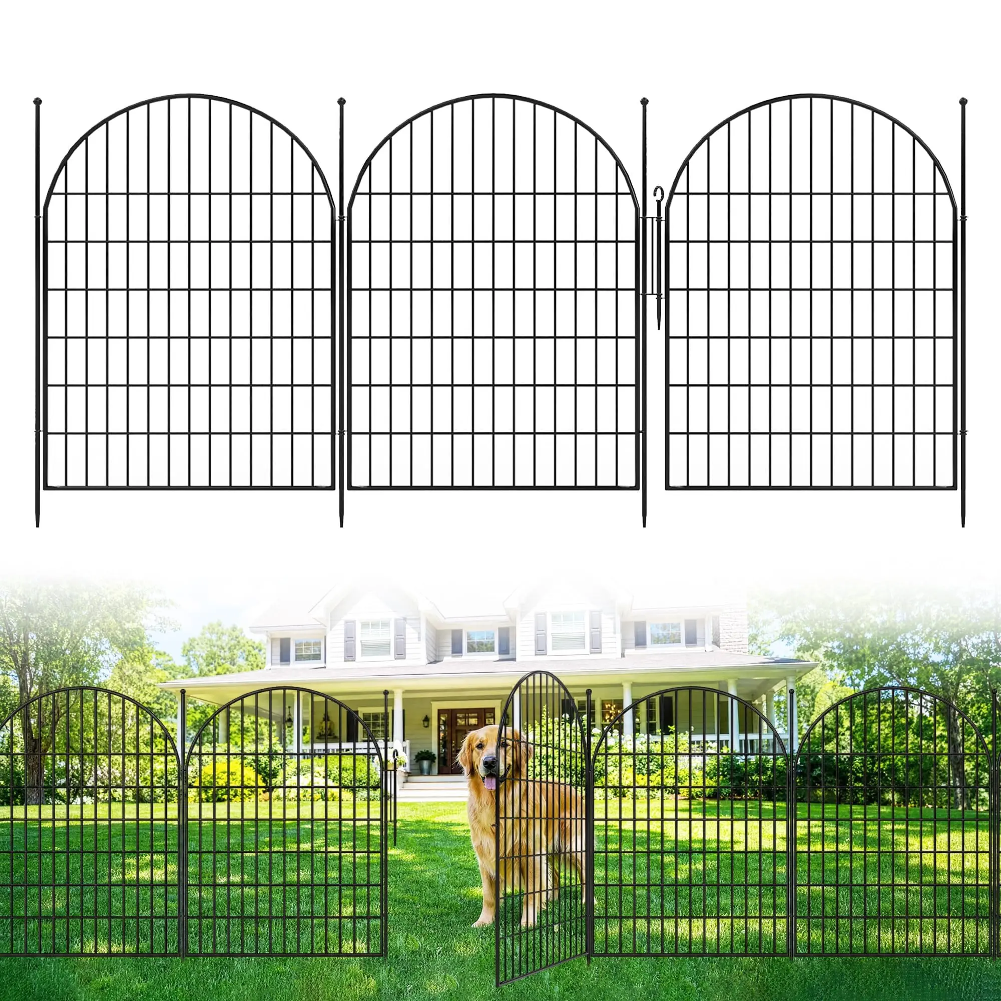 GARVEE Decorative Garden Fence with Gate, 101.6 cm High x 719.33 cm Long, 10 Arched Stainless Steel Panels, Animal Barrier for Patio, Flower Bed