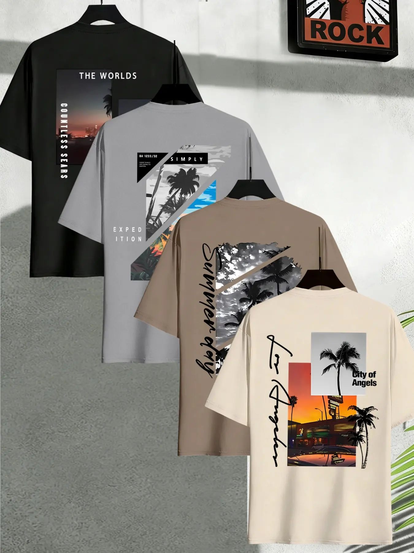 4 Pack Mens Crew Neck Short Sleeve Tees, Breathable Summer Top, Tropical Palm Tree City Sunset Scenery Patchwork Graphic Print Loose Fit Coastal Summer Streetwear Tops For Beach Travel Daily Casual Outfit