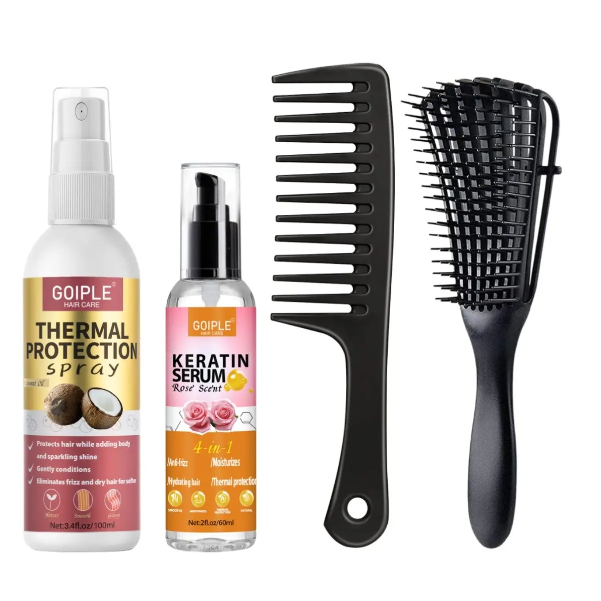 Goiple Hair Care Set, Coconut Scented Thermal Heat Protection, Rose Scented Keratin Liquid, Prevents Heat Damage, Hydrating, Moisturizes, Smooths, Adds Shine, Reduces Frizz, Non-Greasy, Includes Comb Tool