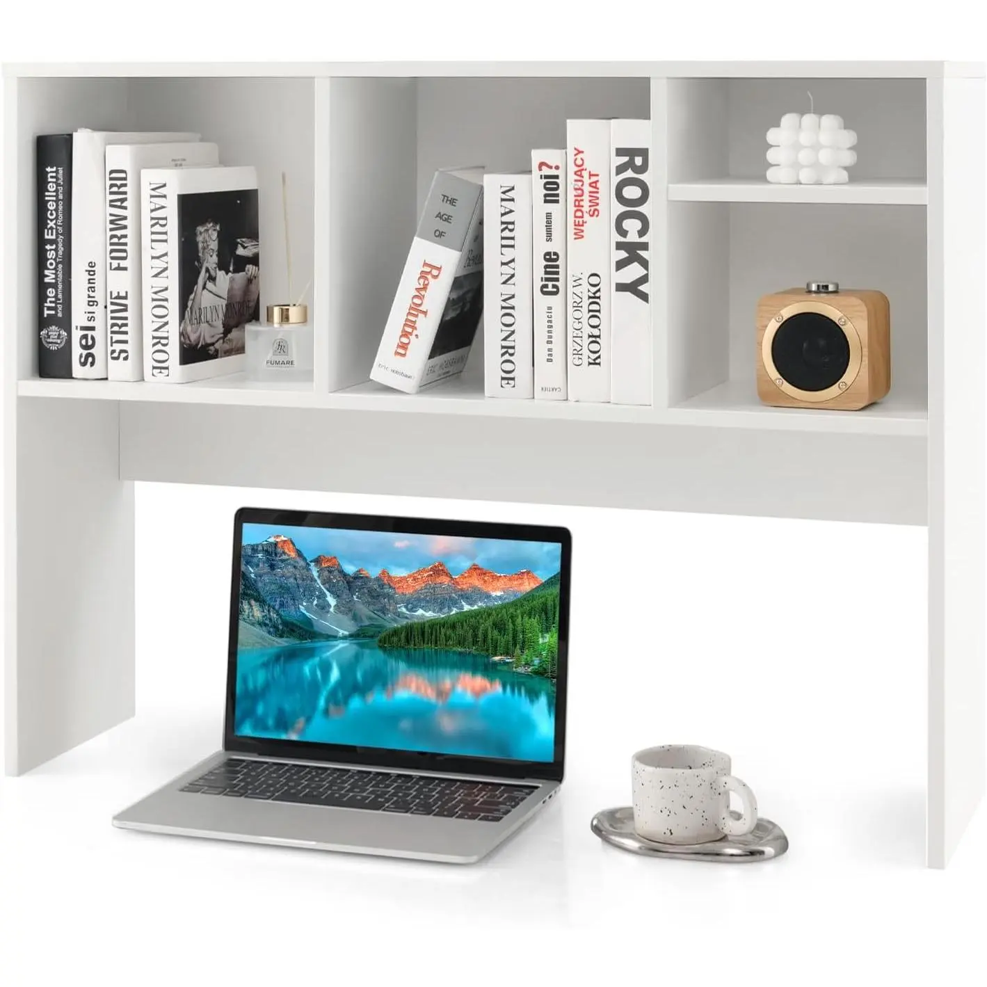 Desktop Bookshelf, Countertop Storage Hutch with 4 Shelves for Computer Desk, Desktop 2-Tier Display Rack, Multipurpose Wood Desktop Hutch Storage Organizer for Dorm Office Home (White)