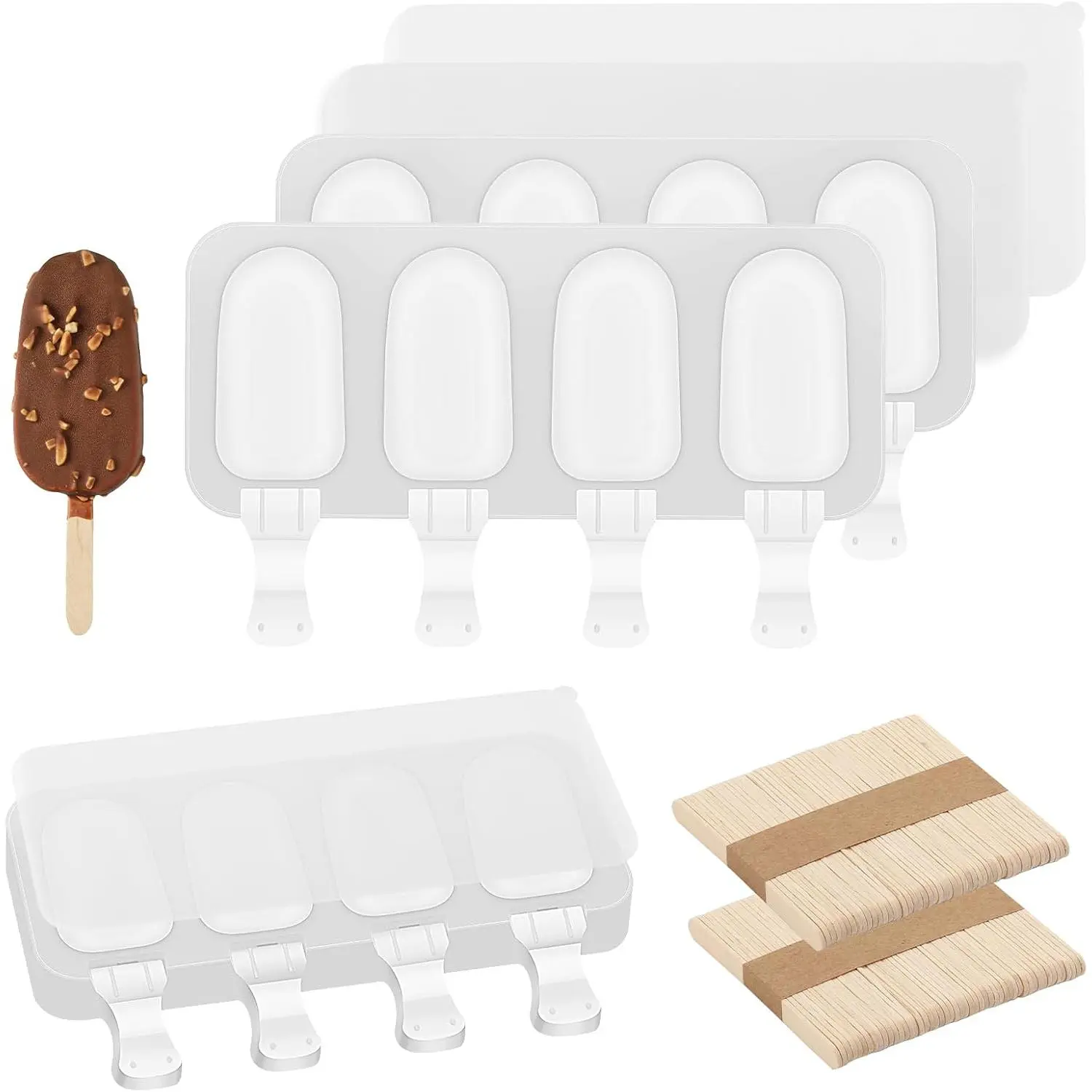 3 Set Small Popsicles Molds with  and 100 count Wooden Popsicles Sticks, 4 Cavities  Ice Cream Molds for Making Cakesicles, Cake Pops, Ice Cream -
