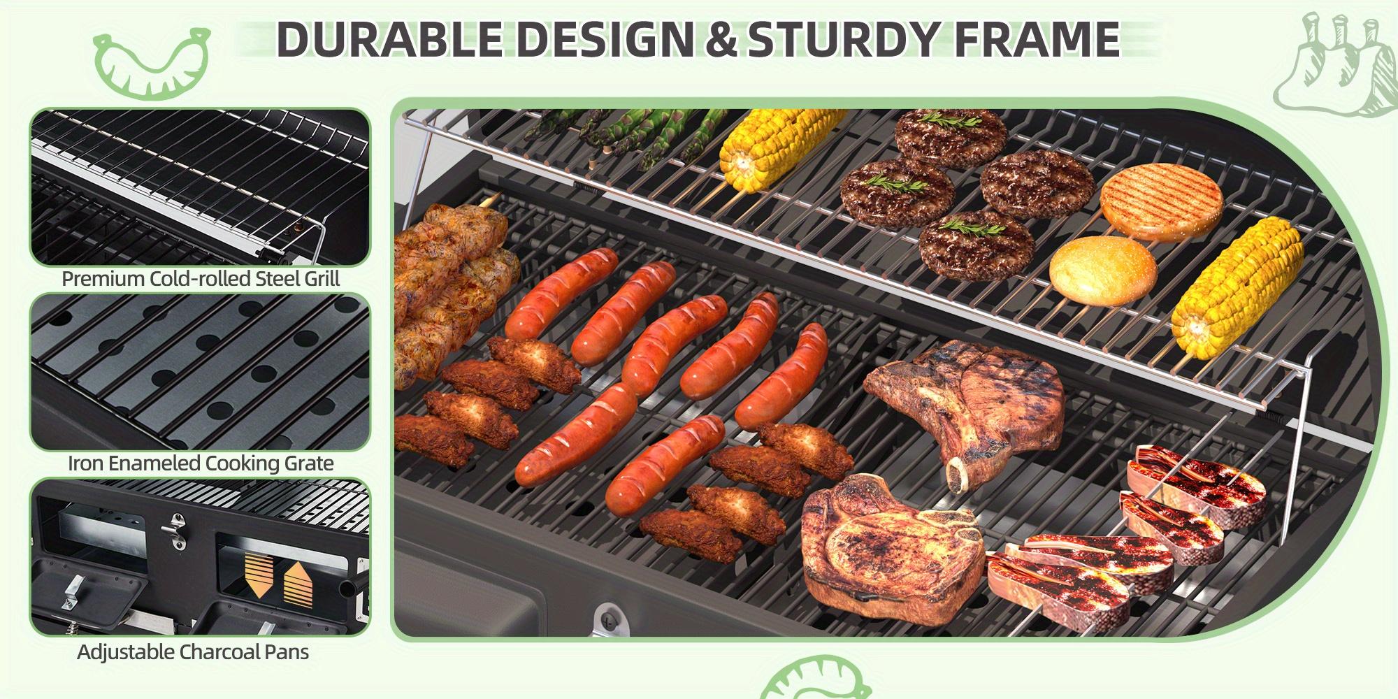 Charcoal Barbecue Grill with Foldable Side Tables, Adjustable Charcoal Trays & Large 860 sq.in Cooking Area, Heavy-Duty Steel Grill for Outdoor Kitchen, Black