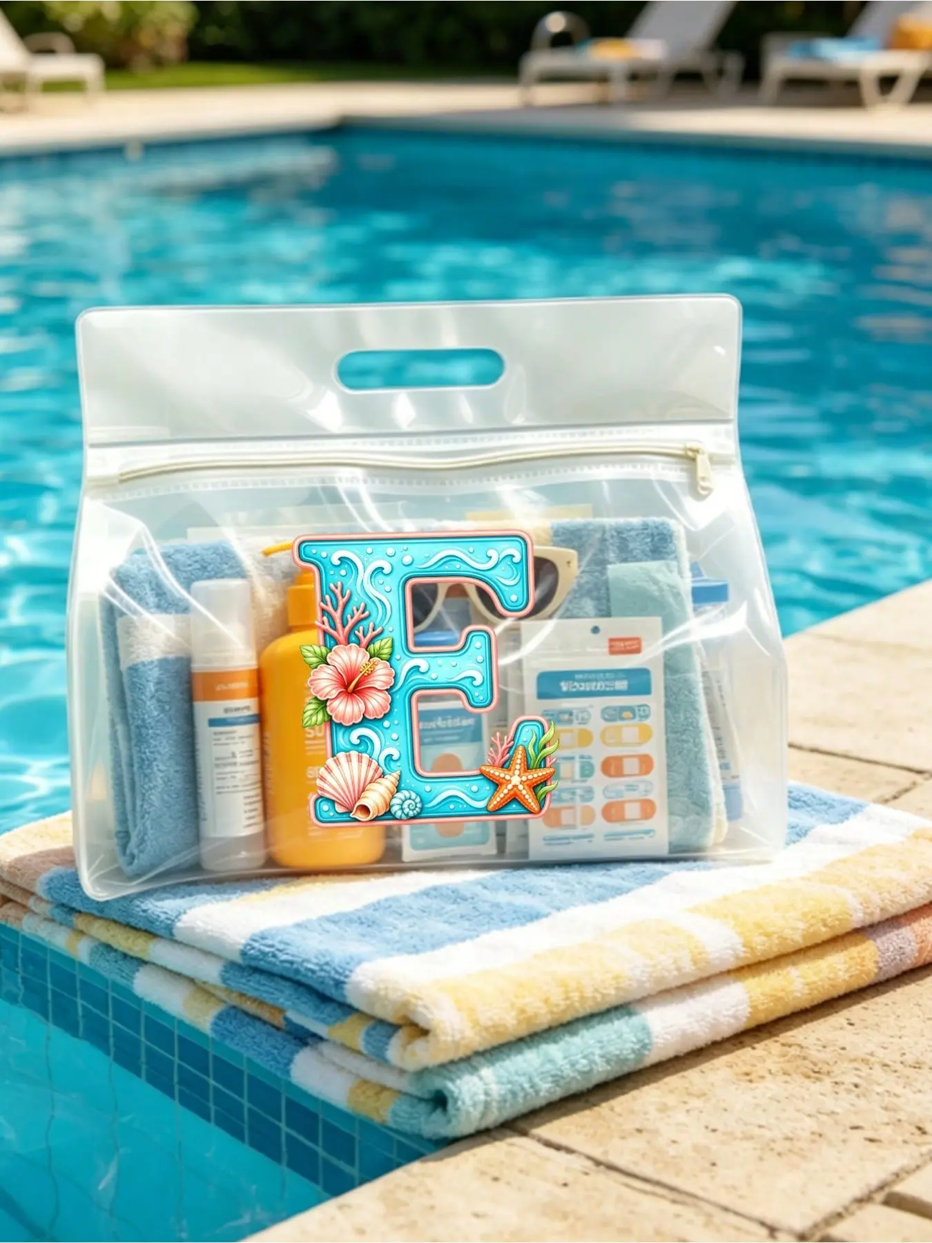 Large Capacity Zipper Portable Travel Wash Bag & Cosmetic Bag With Letter, Floral And Seashell Prints, Clear Sanitary Storage Pouch, Waterproof Transparent PVC Beach Organizer, Essential Accessory For Travel