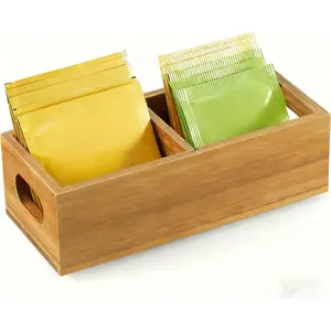 Tea Bag Organizer Acacia Wood Tea Bag Holder with Wide Compartments 2 Slots Tea Caddy for Countertop & Drawer Storage