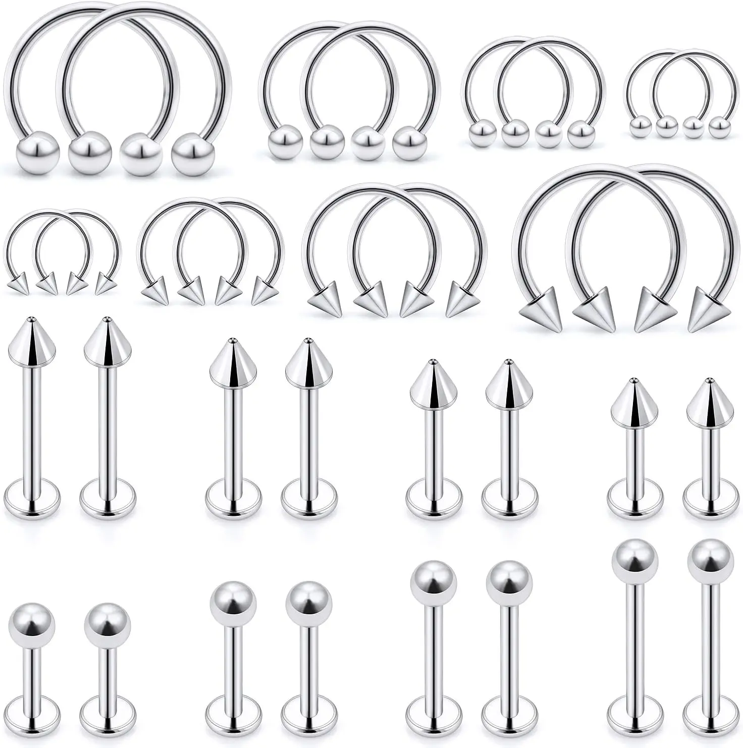 Lip Rings 32PCS Labret Jewelry Monroe Lip Barbell Ring Snake Bite Piercing Jewelry 16G Helix Earring Daith Tragus Cartilage Studs Surgical Steel Piercing Jewelry for Women Men