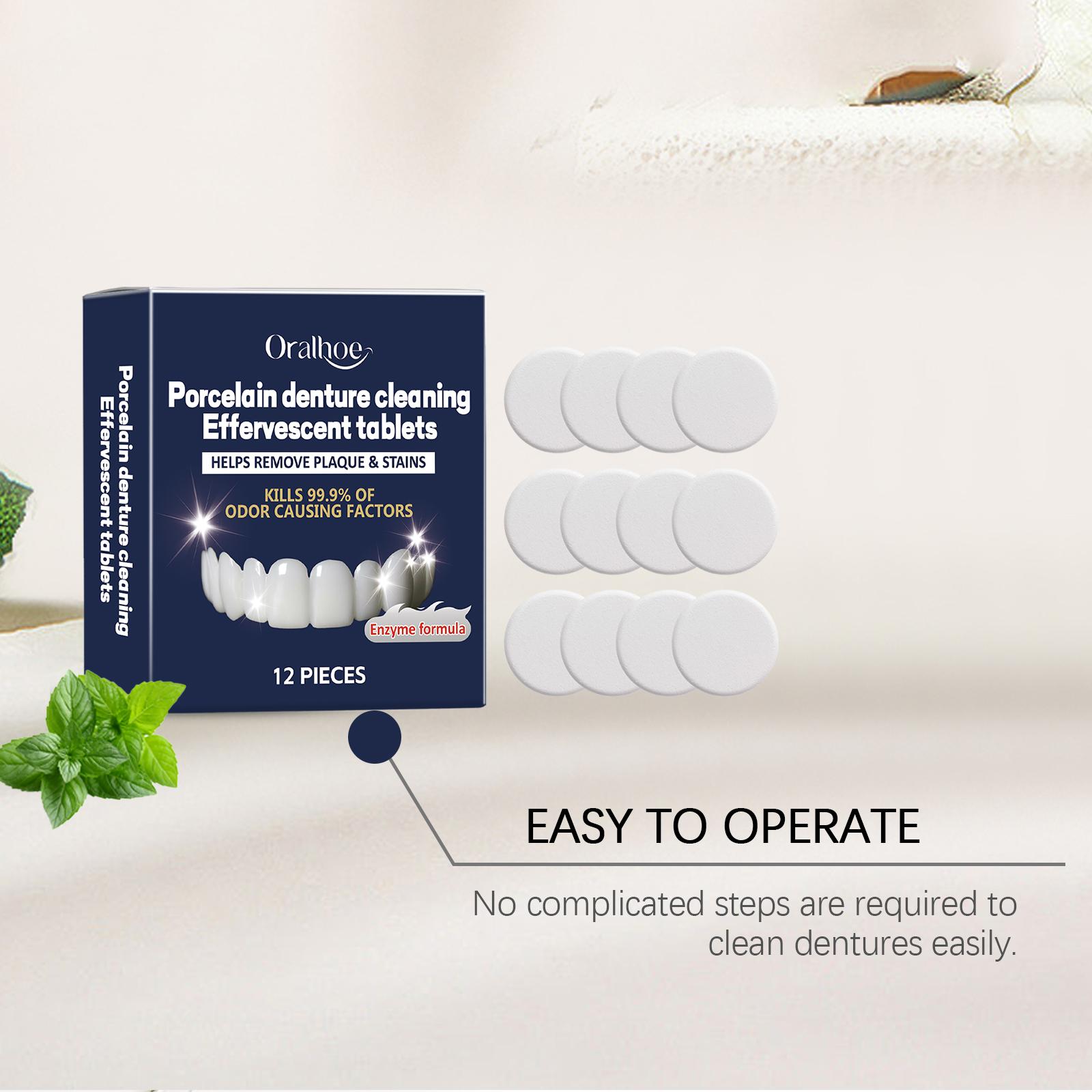 Oralhoe Denture Cleaning Effervescent Tablets with Lemon & Mint Extracts for Fresh Breath Stain Removal & Bacteria Killing 12 Pieces tooth repair kit whiten session interdental filling fake teeths instant confidence perfect smile gems enhances aesthetic