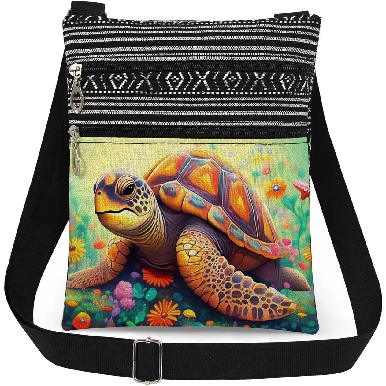 Turtle Adjustable  Strap Crossbody Bag Turtle with Floral Print Messenger Bag Travel Stylish Crossbody Purse Birthday  for  Lover