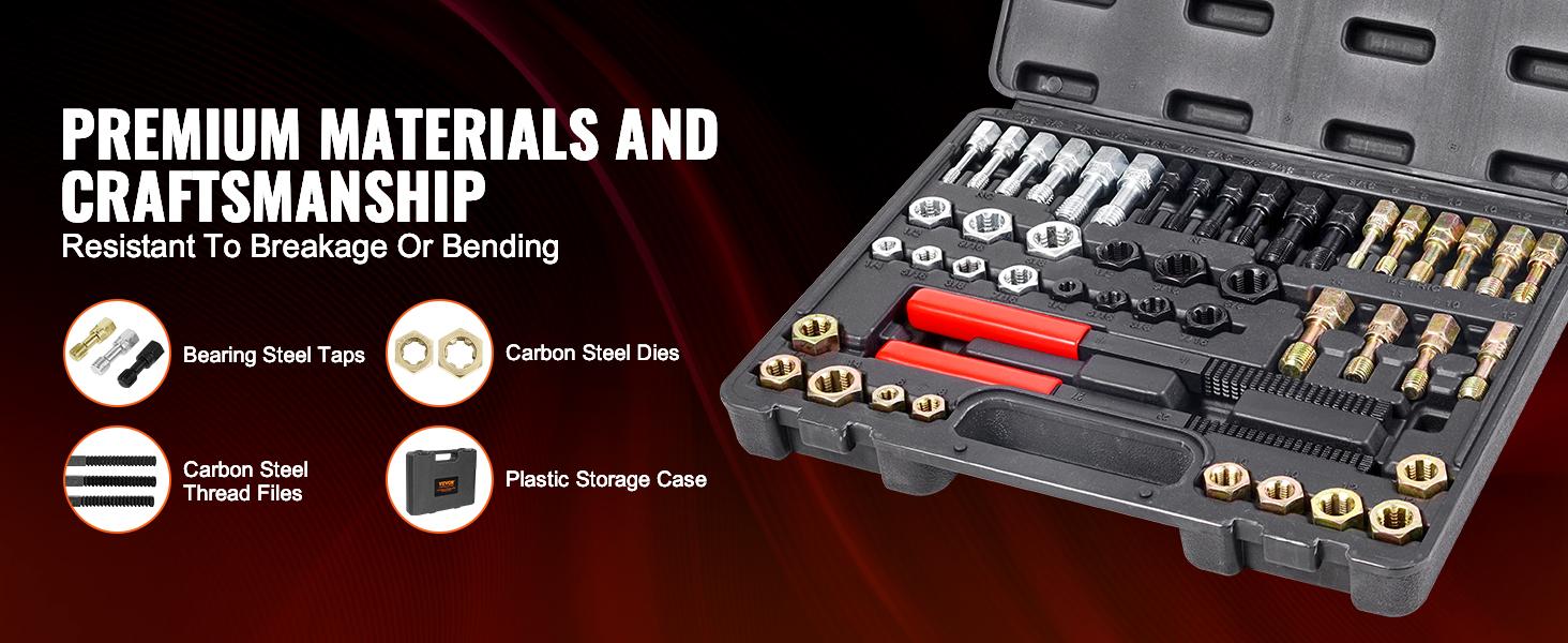 VEVOR Thread Chaser Set - 49-Piece UNC UNF and Metric Thread Restorer Tool Rethreading Tool Kit with 22 Taps 24 Dies 3 Thread Files Storage Case Heat Treated Steel for Mechanics DIY Enthusiasts