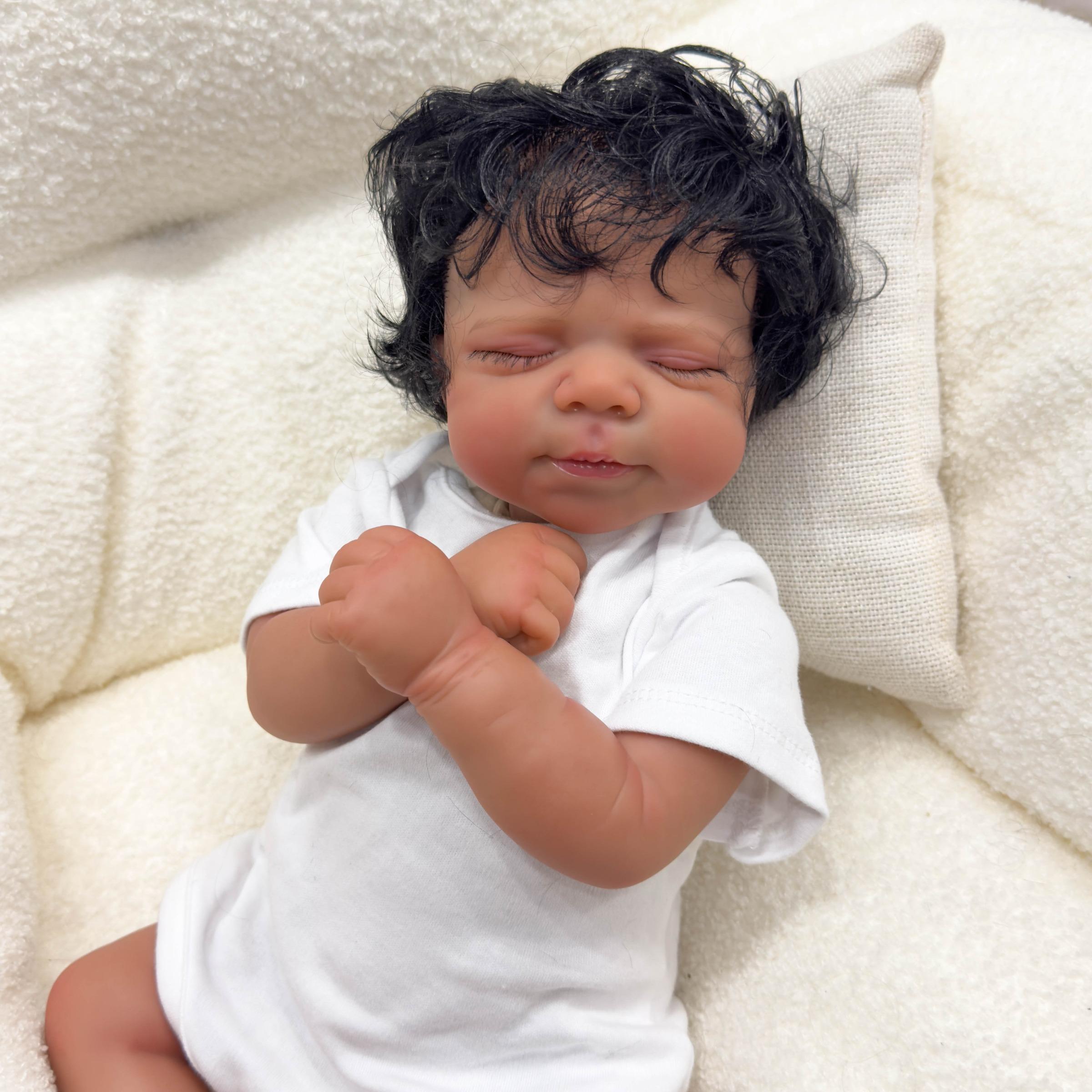 19 Inch Realistic Reborn Baby Doll, Lifelike Realistic Newborn, Gorgeous Doll, Reborn Doll Baby Dolls, Soft Vinyl Black Skin Sleeping Doll with Short Sleeve Crawling Clothes, Birthday Gift for Kids