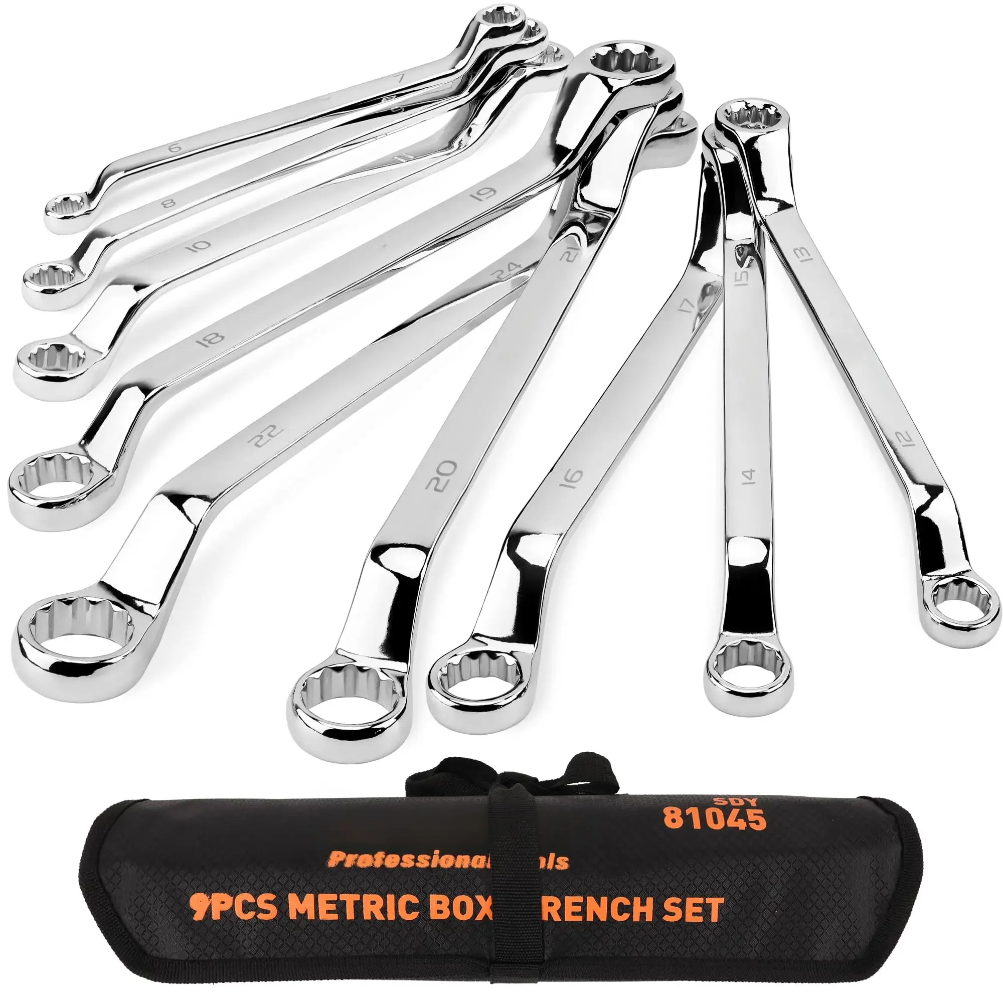 9-Pece Metric Offset Box Wrench Set with Rolling Pouch, 75-Degree, Metric 6-24mm, CR-V Steel torx key universal hand combination wrench tool box Metric Socket tool gift mechanic tool roll-up pouch