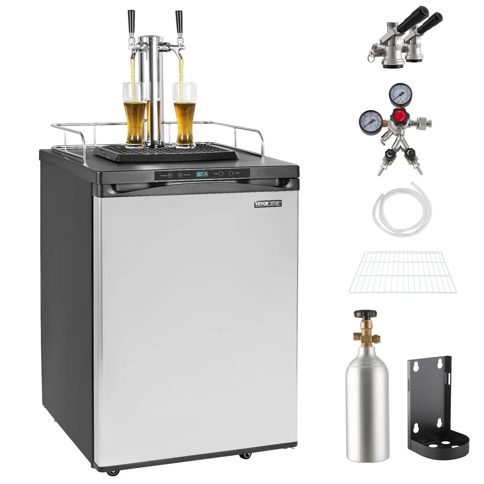 VEVOR Beer Kegerator, Dual Tap Draft Beer Dispenser, Full Size Keg Refrigerator With Shelf, CO2 Tank(No Gas), Drip Tray Rail, 23F- 82.4F Temperature Control, 162L, Silver