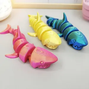 3D Printed Shark Statue Figurine, Jointed Movement, Gold, Blue, Blue, Perfect for Desk Office Decor, Holiday Gift