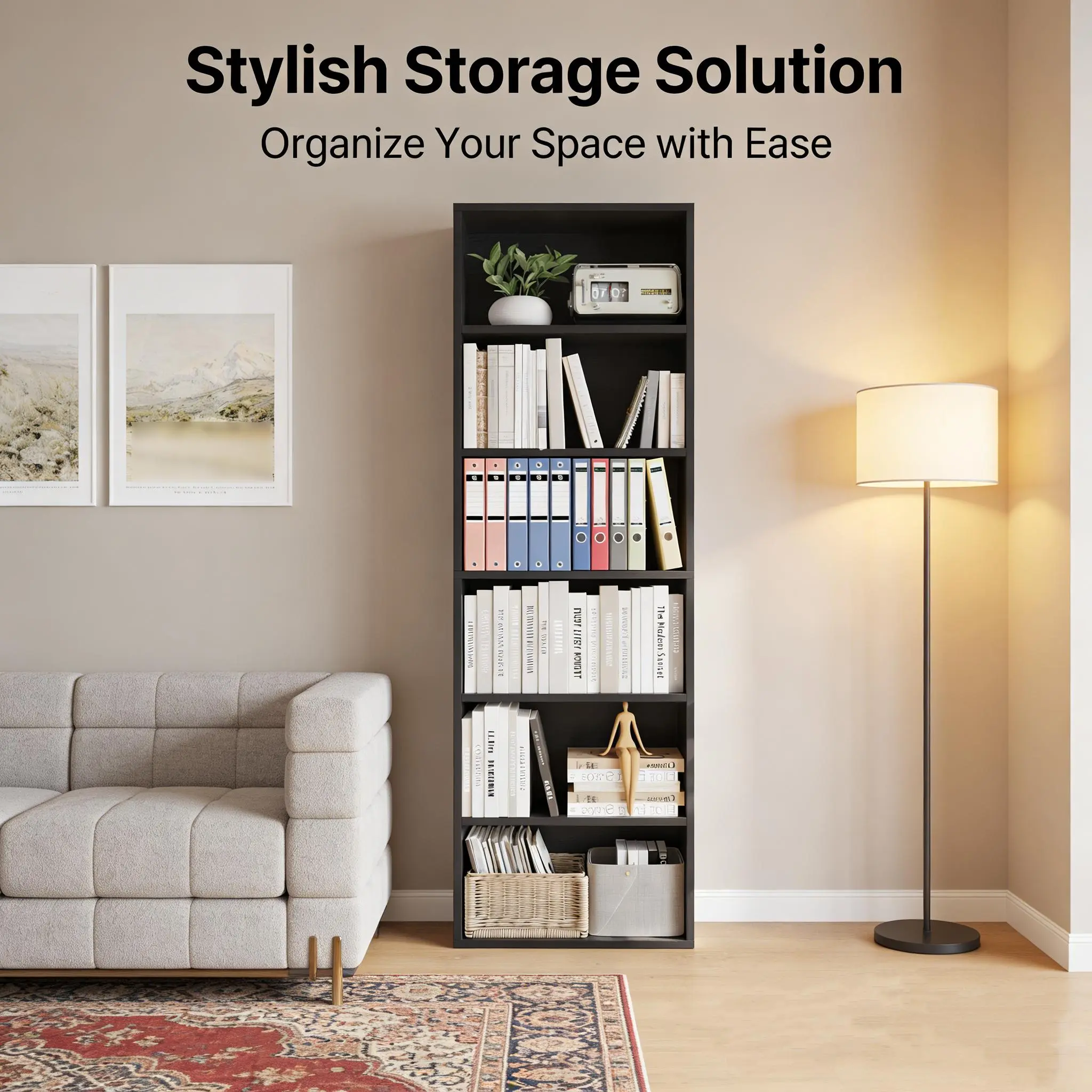 LH-Large Storage Cabinet with Multiple Layers Suitable for Any Home Style and Interior Decoration6-Tier Tall Bookcase for Office, 71.4''H Industrial Bookshelf, Modern Open Storage Organizer, Slim Sturdy Design, Large capacity