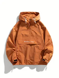 TNZI Men's Loose Fit Jacket with English Print, Pockets, Casual Half-Zip Long Sleeve Hoodie, Suitable for Outdoors, Spring and Autumn Sports Outdoor Wear