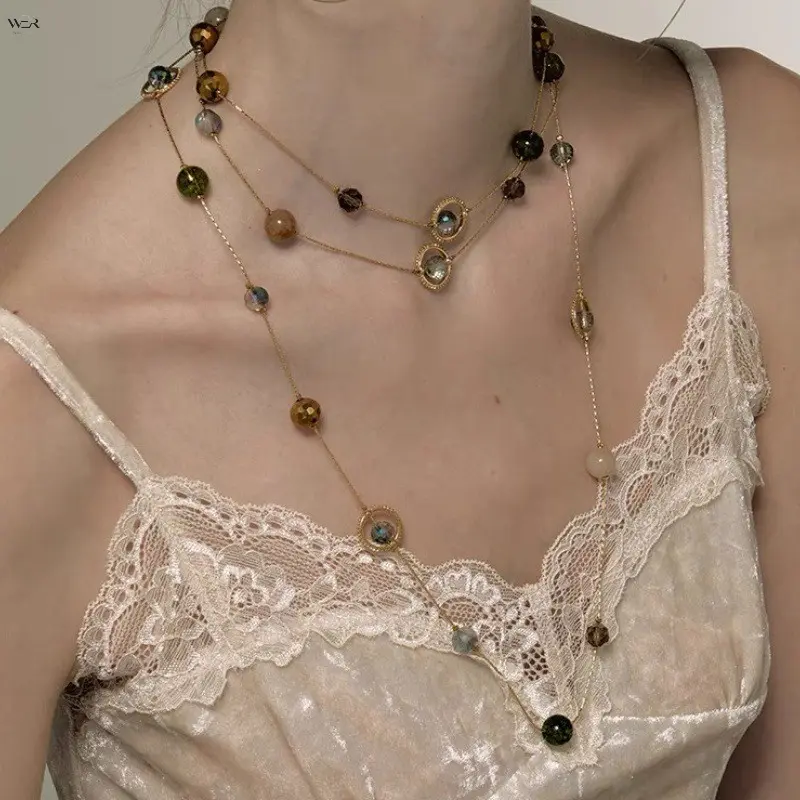 European and American cross-border jewelry Amazon vintage light luxury niche style three-layer tassel pearl wrap-around layered necklace