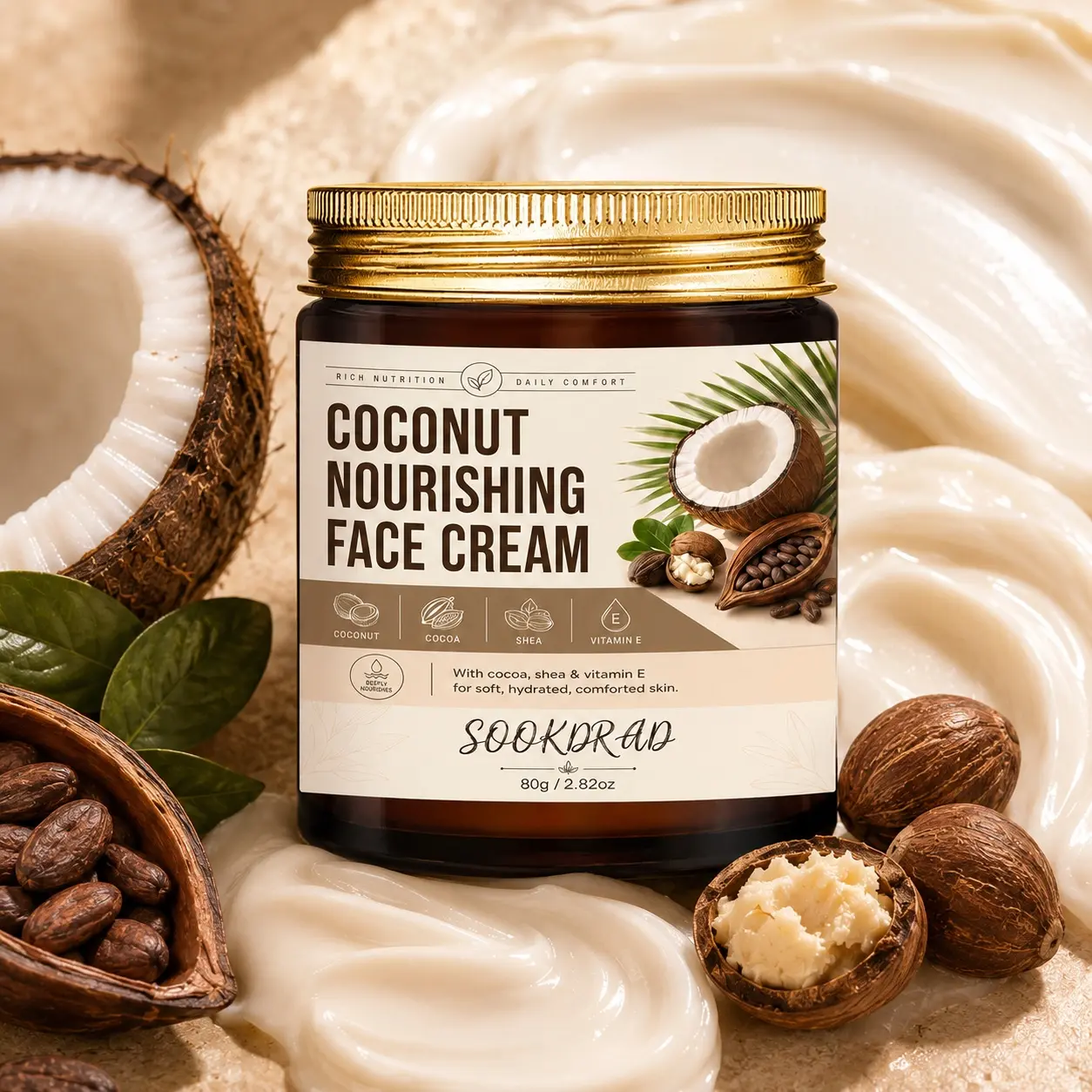 Coconut Nourishing Face Cream, Coconut, Cocoa, Shea, Vitamin E, Deep Nourish, Hydrate Skin, Soften Skin, For Face, Daily Skincare, 80g