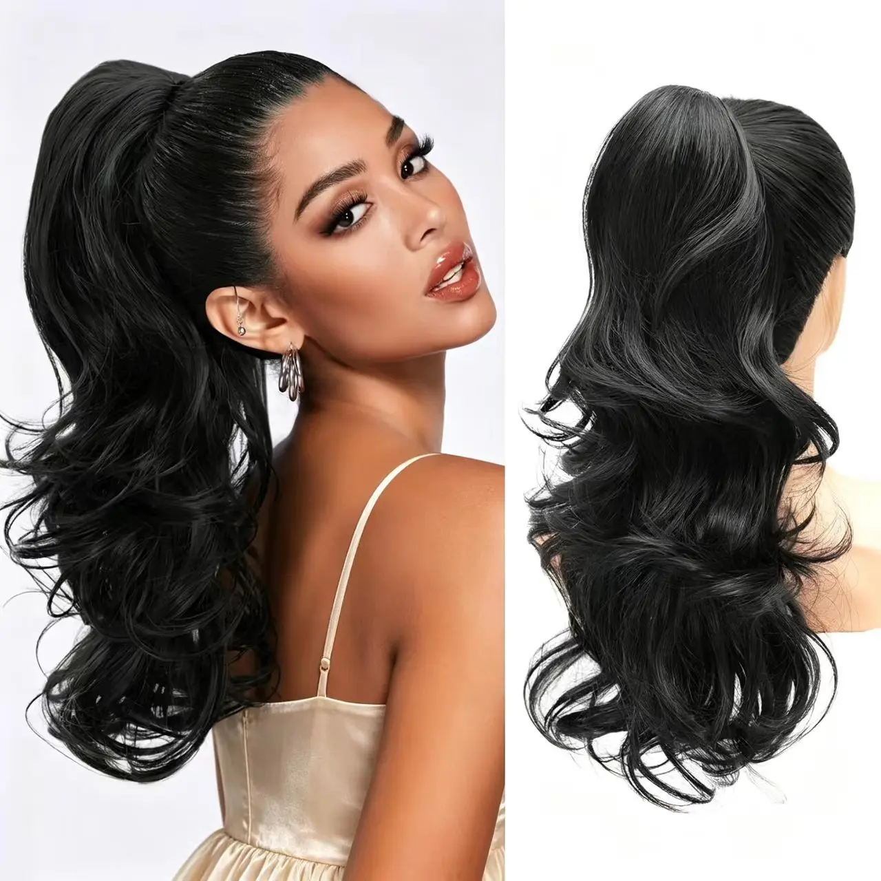 Sexy High Ponytail Wig Clip-On, Multi-Layered Water Wave Curl, Natural Seamless Hair Volume Extension, Trendy Hairstyle Accessory