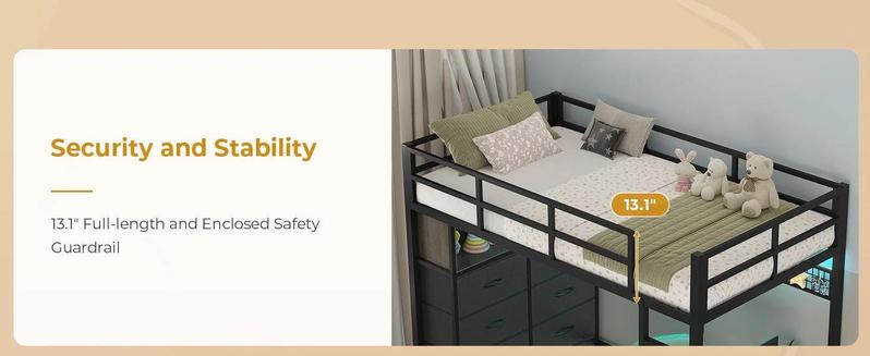 Sikaic Twin Size LED Loft Bed Frame with Desk and 8 Drawers Grey Safety Guardrail Effective Space Saving