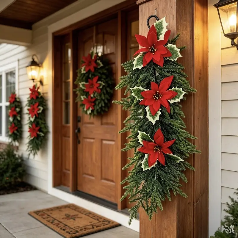 Artificial Poinsettia Christmas Hanging Ornament, Pine Needle Red Berry Holiday Decor, 62 cm / 24.4 in Xmas Wall Door Hanging Decoration for Home Party Indoor Outdoor