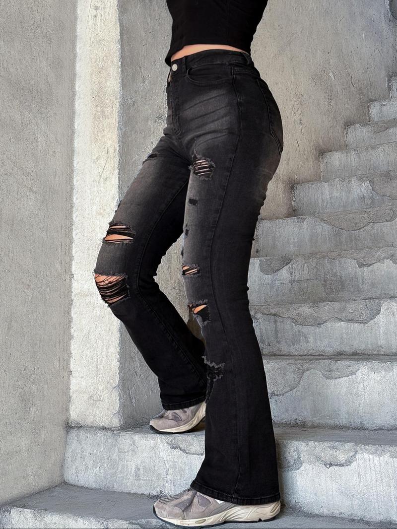 Women's  Ripped Distressed Dark Wash Skinny Stretchy Jeans, Fashion Casual Denim Trousers for Daily Outdoor Wear, Ladies Bottoms for All Seasons