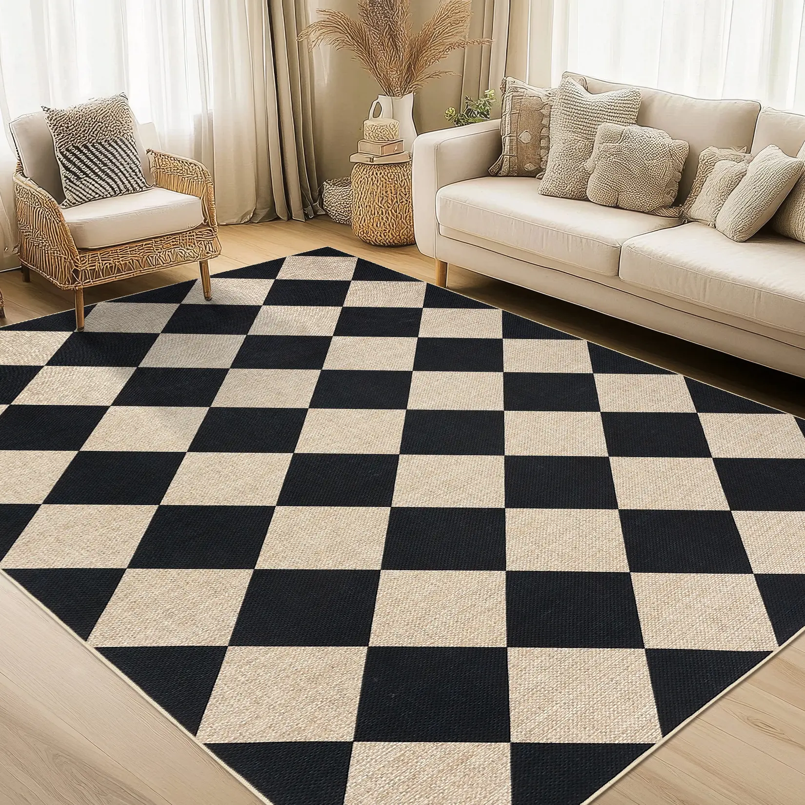 Washable Checkered Area Rugs for Bedroom, Soft Non Slip Ultra Thin Rugs for Living Room, Geometric Plaid Dorm Decor Low Pile Stain Resistant Throw Carpet for Office Kids Room Classroom