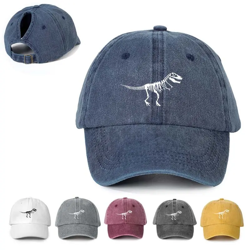 Vintage Washed Ponytail Baseball Cap for Women • Embroidered Dinosaur Skeleton T-Rex Fossil Messy Bun Dad Hat Distressed Active Sun Cap, Adjustable Size, Embroidery Detail, Unisex Fit, Washed Fabric