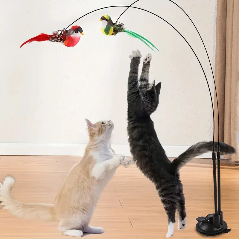 Cat Teaser Wand Set Of 2 Bird Shape Toy Hands Free Strong Suction Cup Double Long Rod With Bell Indoor Household Interactive Play Supplies For Kitten Adult Cats
