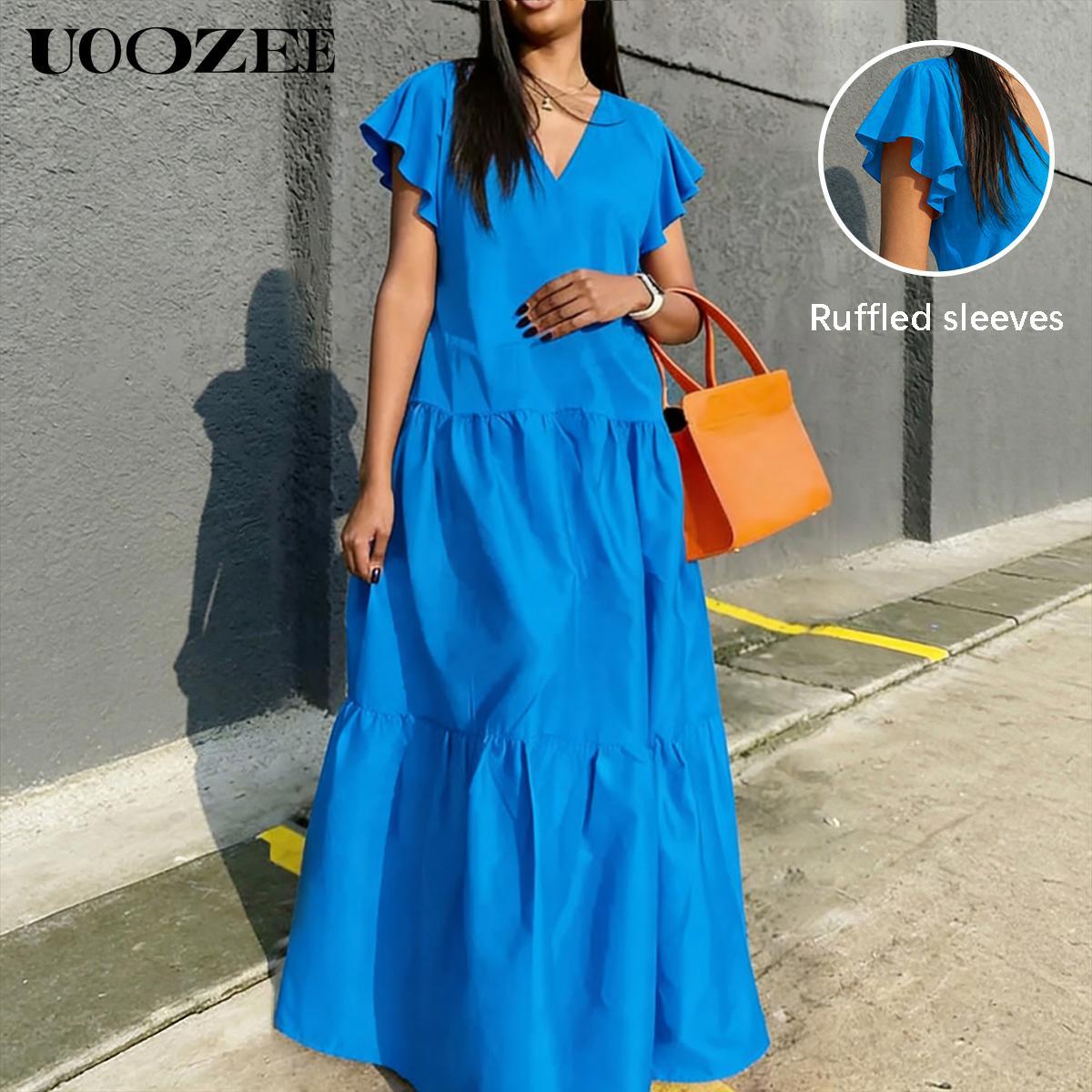 UOOZEE Women's Bright Chic Loose Short Sleeve Pleated Pocket Solid Color Slit V-Neck Maxi Dress Summer Casual Basic Cotton Blend Machine Washable Holiday Dress Womenswear Minimalist (Size is one size larger, it is recommended to order one size smaller)