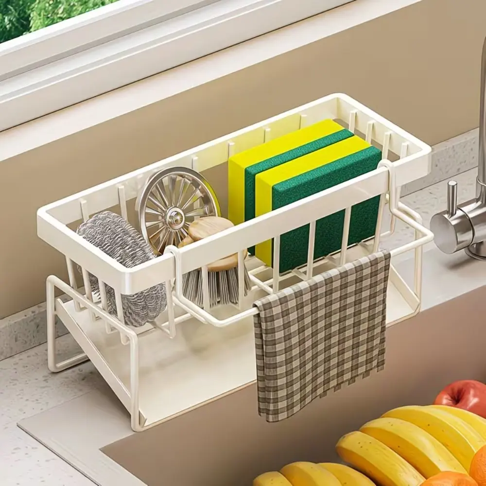 Kitchen Sink Organizer, Countertop Storage Rack with Drainage & Water Filter Design, Holds Sponges and Brushes to Save Counter Space