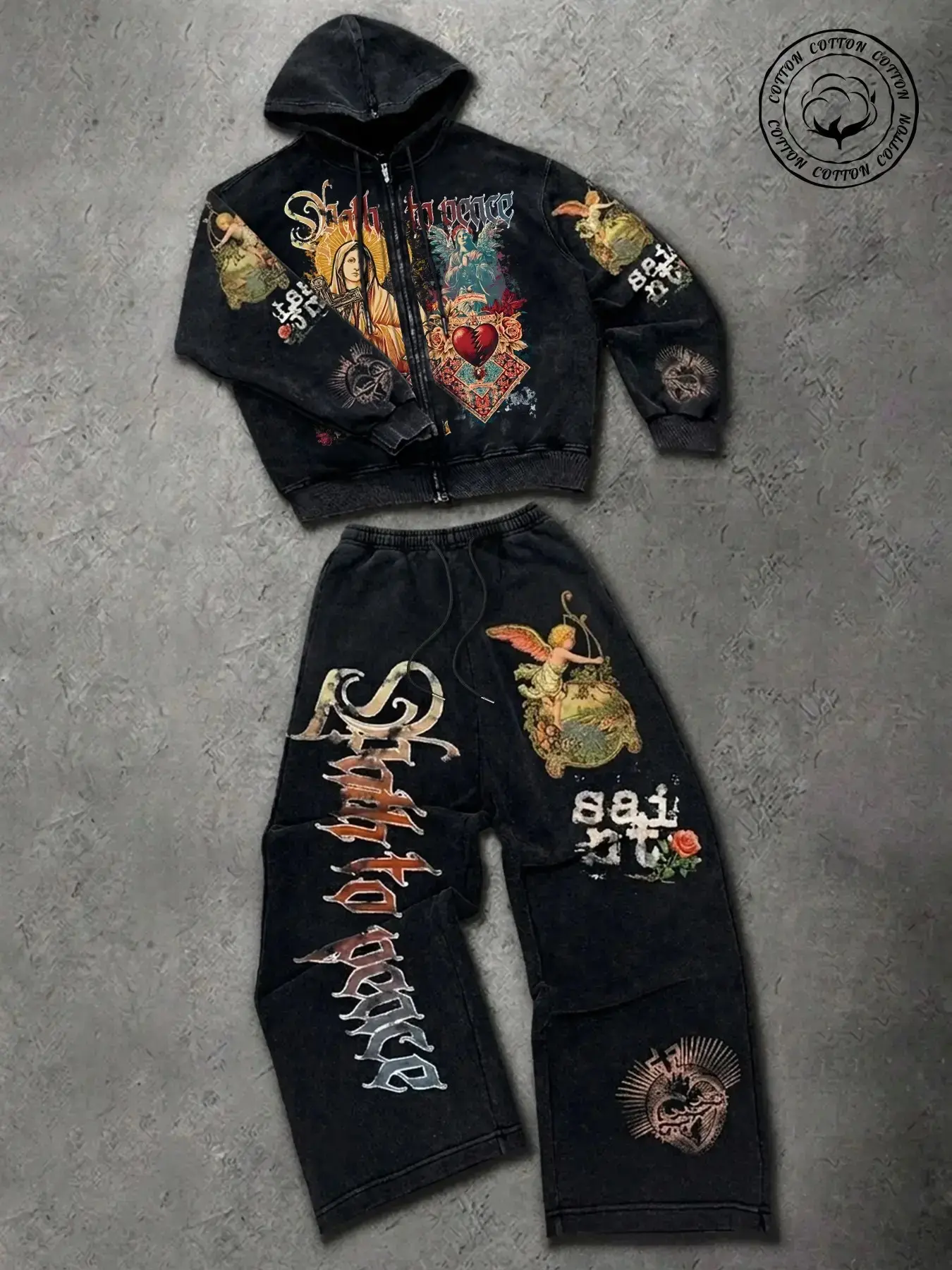 Men's Y2K Vintage Washed Madonna Angel Print Zip Hoodie + Wide Leg Pants Set, Thick Cotton Loose Fit, Streetwear