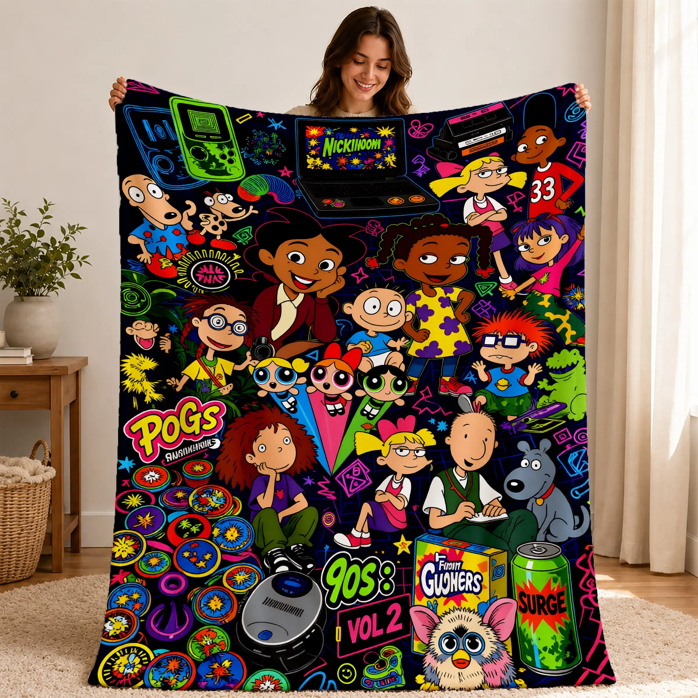 90s Retro Cartoon Sticker Collage Throw Blanket, Vintage Animated Character Print, Nostalgic Y2K Decor for Fans, Sofa Bedroom Gift