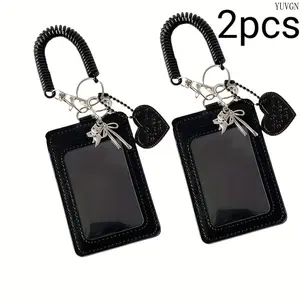 2Pcs Black (2-Pack) Badge Holder & Accessories - Stitched Card Holder with Spring Coil Wrist Strap, Silver Bow Cat Metal Charm Pendant, Double Slot Small School Photo Storage Sleeve Keychain