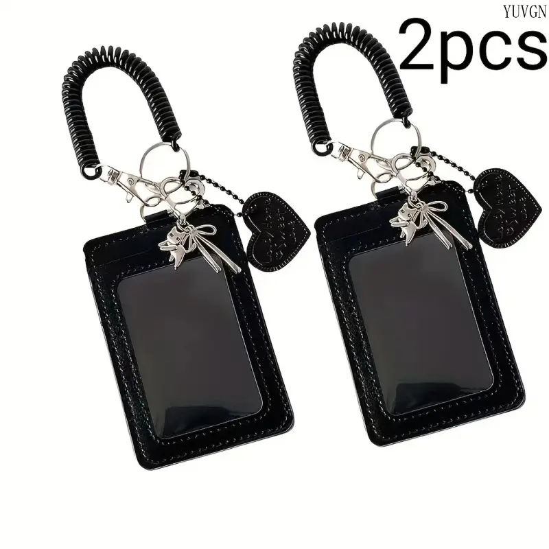 Black Stitched Badge Holders, 2-Pack Double-Slot ID Card Case with Cat Keychain and Spring Coil Wrist Strap tiktokshopbacktoschool
