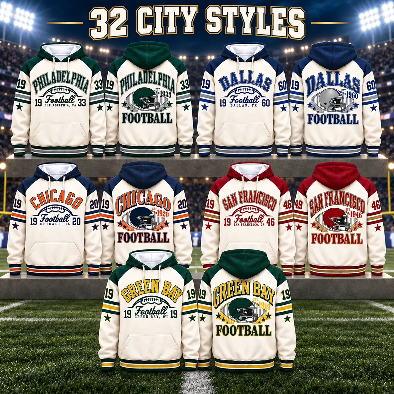 Vintage 32 City Football Hoodie for Men & Women, Retro Raglan Color Block Hooded Sweatshirt, Classic City Football Pullover Hoodie, Unisex Casual Sports Streetwear Hoodie for Football Game Day, Football Fan Apparel Gift