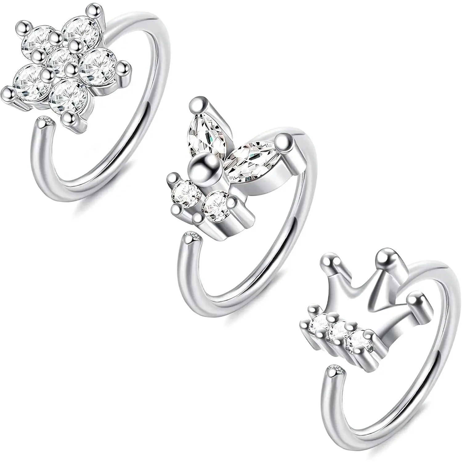 3 Pcs 925 Sterling Silver CZ Piercing Hoop Set for Men Women, Sparkling Flower Butterfly Crown Inlaid Rings, Multi Use Septum Nose & Cartilage Ear Jewelry